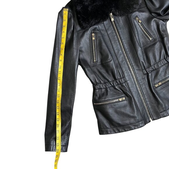 Karl Lagerfeld Black Genuine Leather Jacket W/Detachable Faux Fur Collar Medium - Picture 14 of 14